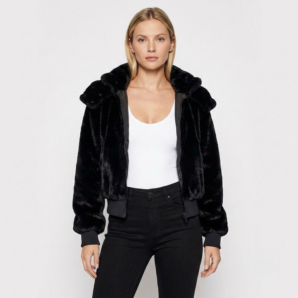 NWT Jason Wu Black Faux Fur Hooded Zip Jacket M Plush Winter Bomber Goth Grunge